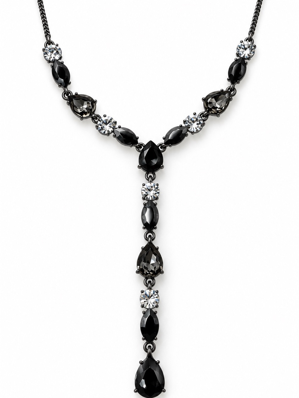 Givenchy Gunmetal Crystal Drop Y Necklace Black Faceted Rhinestones Adjustable
